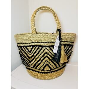 Chico’s Pom Pom Jute Tote Bag Embellished Straw Bucket Bag Boho Resort Aztec